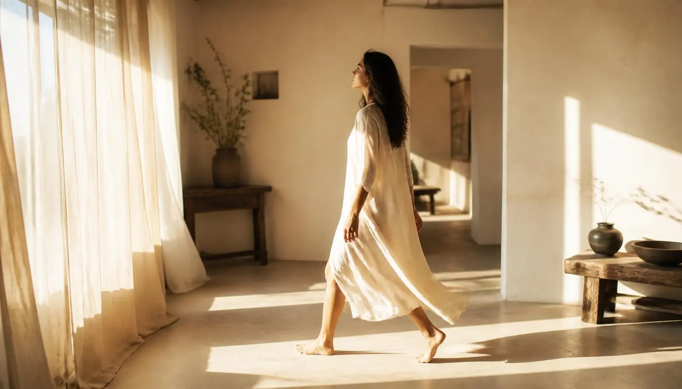 A woman walking through a sunlit, softly curtained room